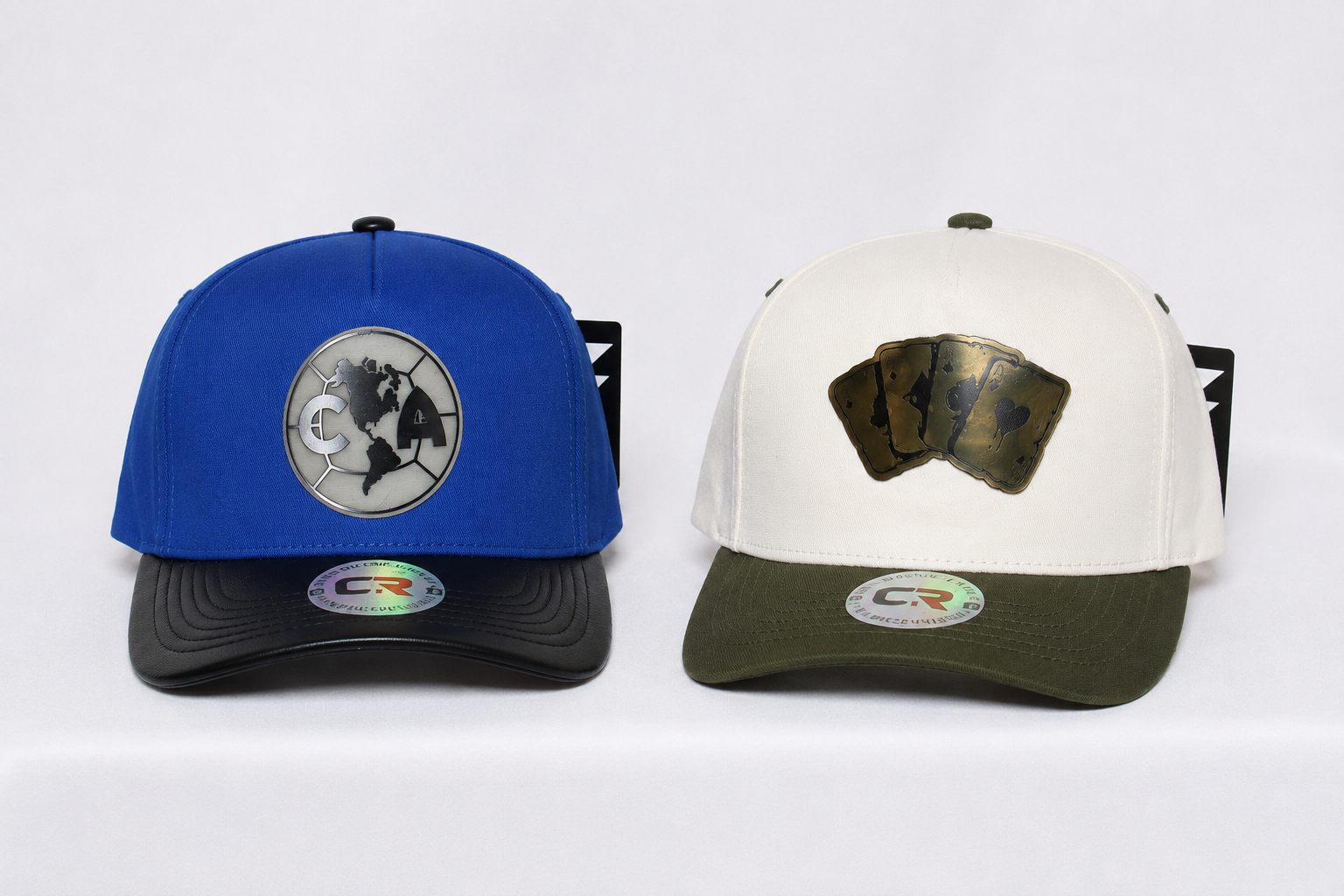 Blue and white custom hats with metallic patches