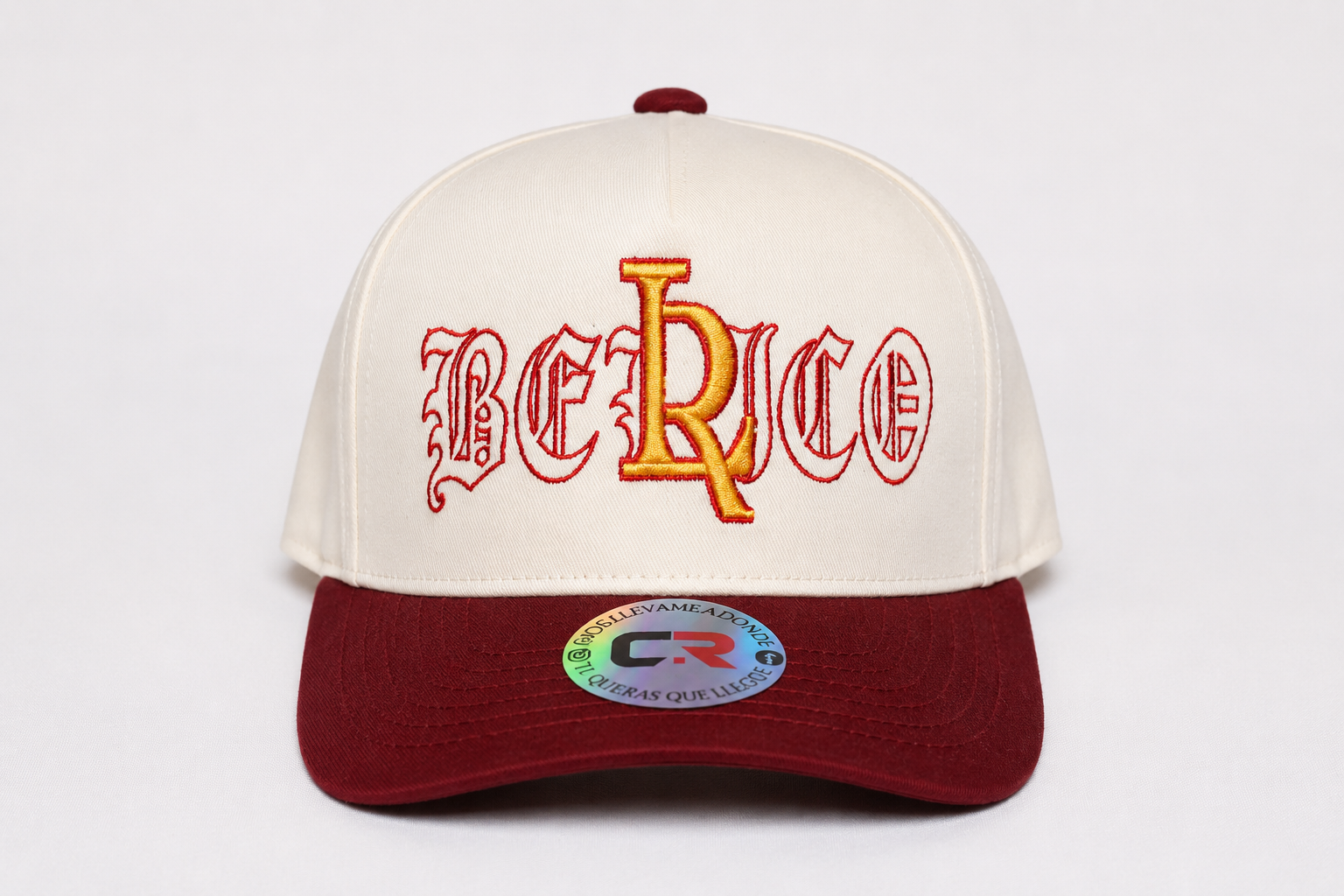 White and burgundy custom hat with red and gold embroidery