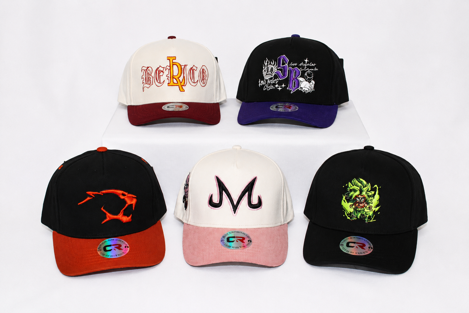 Five colorful custom embroidered hats