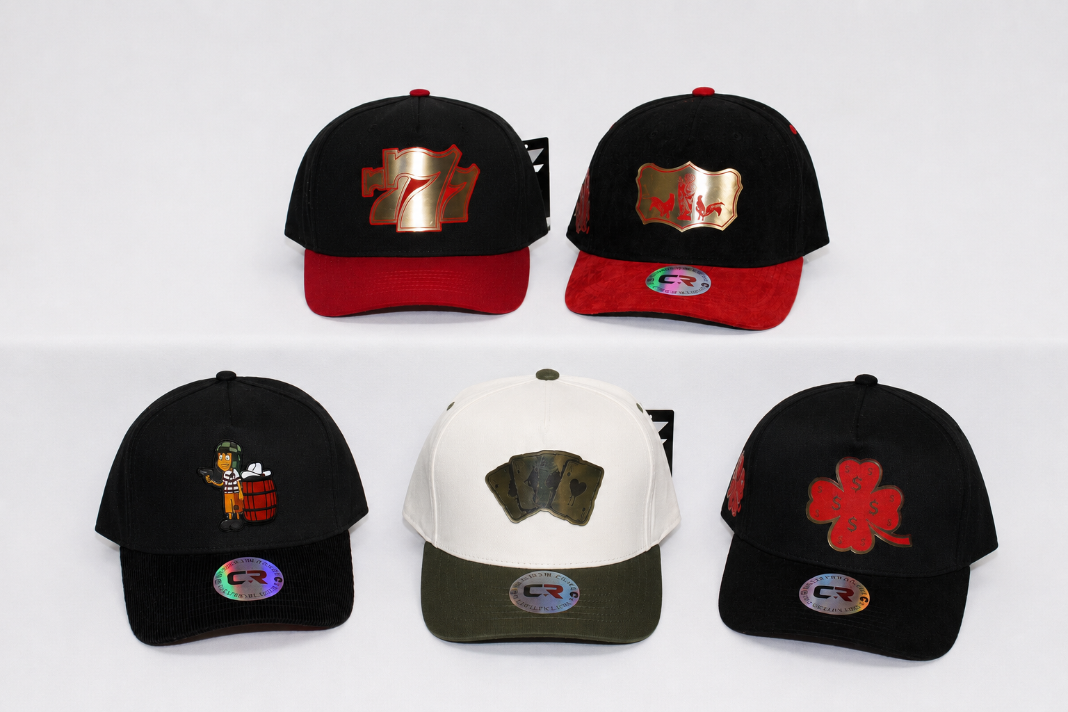 Five custom hats with red, black, white, and green details