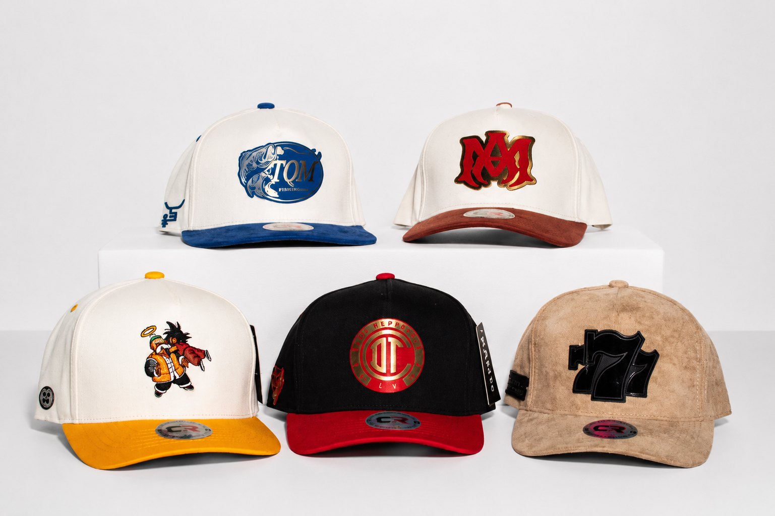 A collection of finished custom hats created by CR