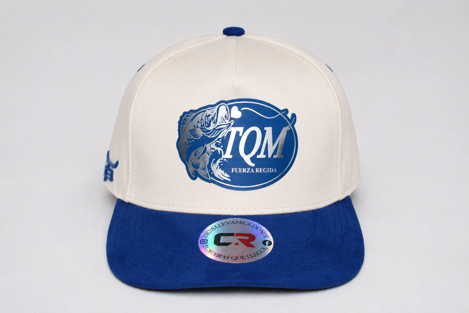 White and blue custom TQM fishing hat