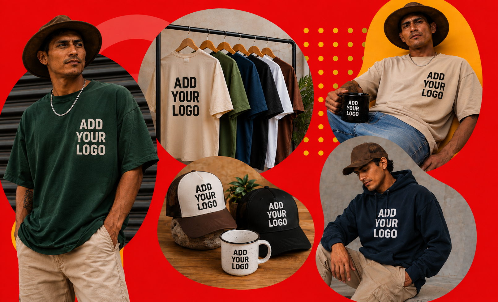 Custom shirts, hoodies, hats, and mugs ready for personalized logos