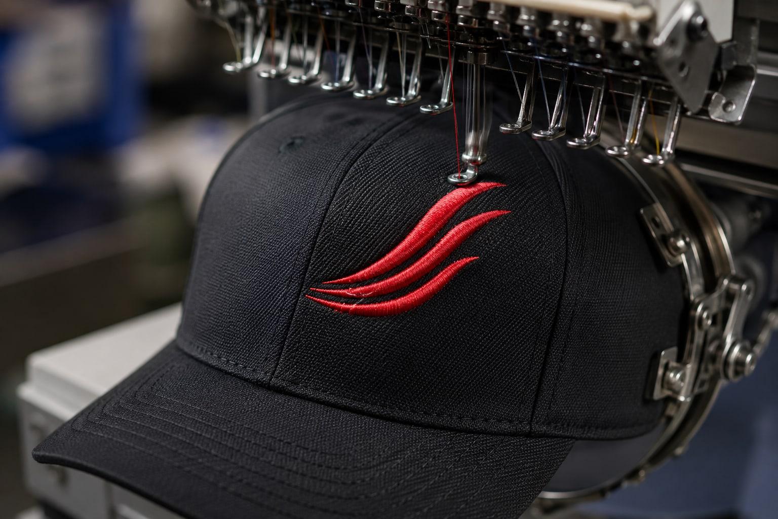Multi-needle embroidery machine stitching a red design on a hat