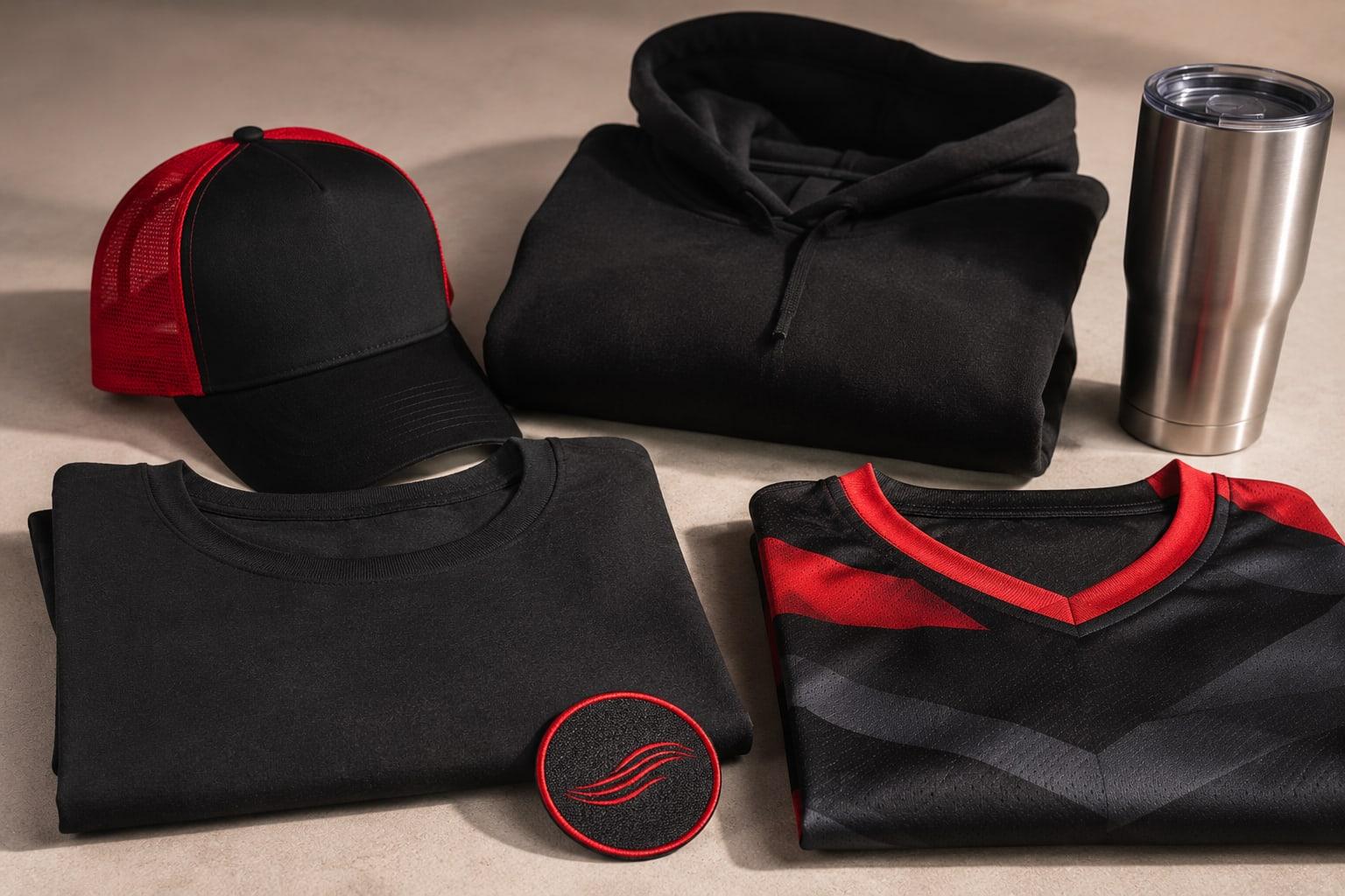 Custom hat, hoodie, shirts, patch, and drinkware arranged together