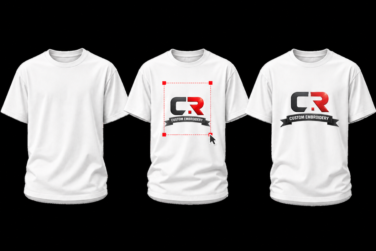 Three white shirts showing a blank product, CR logo placement, and the finished custom shirt