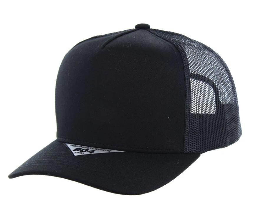 Black and Black 5 Panel Mesh High Crown Slight Curve Trucker