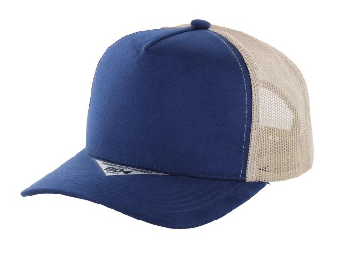 Navy and Khaki Kamel 804 5 Panel Suede High Crown Slight Curve Mesh Trucker